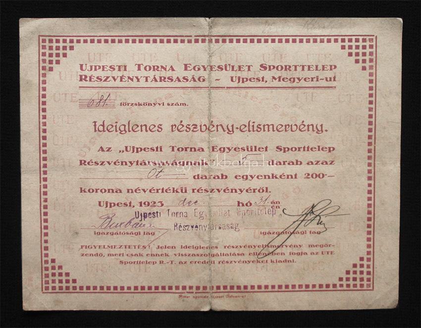 �jpesti Torna Egyes�let Sporttelep Rt. Megyeri �t r�szv�ny-elismerv�ny 1923